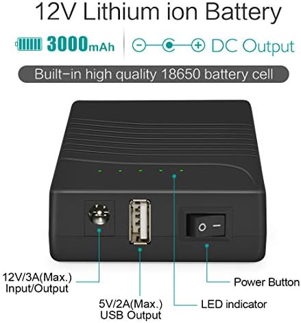TalentCell Rechargeable 36W 12V/3000mAh Lithium Ion Battery Pack, 12V/5V Dual Output External Battery Power Bank with Charger for LED Strip, Tape Light, CCTV Camera and More, Black