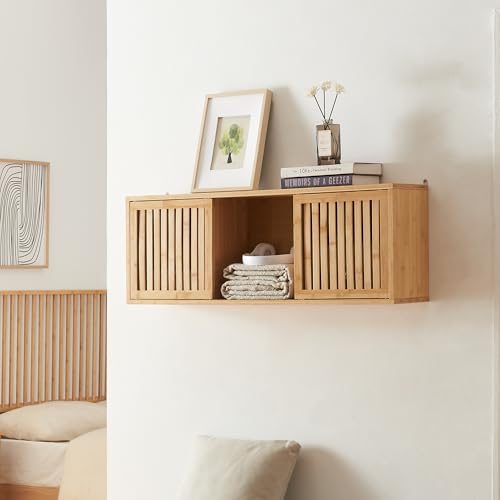 [en.casa] Étagère Murale avec 2 Portes Coulissantes et 3 Compartiments de Rangement Meuble de Stockage Design Intemporel pour Salon Chambre Bureau Bambou 93...