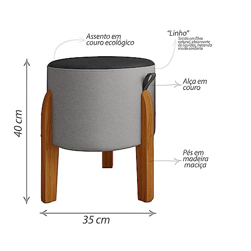 Kit 2 Puff Em Couro E Linho - Cor Cinza E Preto - Pés Madeira Maciça - 42x32 Luma - Banquinho Redond