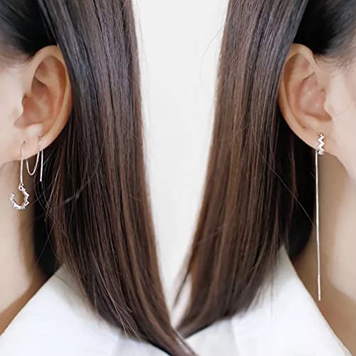 Boucles d'oreilles pendantes pompon en argent avec chaine threader et cuff