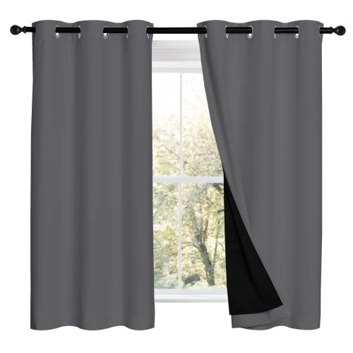 Image of NICETOWN Grey 100% Blackout Curtains 2 Panels with Black Liners, Thermal Insulated Full Blackout 2-Layer Lined Drapes, Noise Cancellation Window Draperies for Dining Room (42-inch W by 54-inch L)