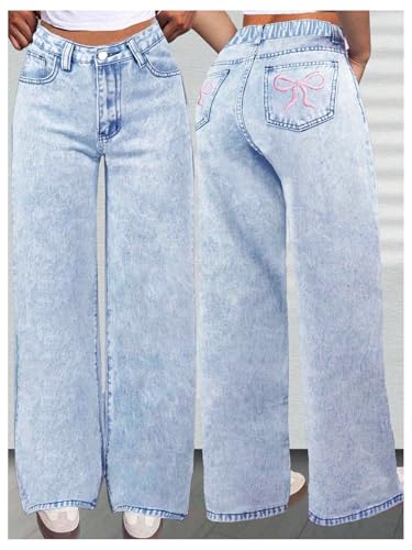 GORGLITTER Girl's Bow Jeans Y2K Baggy Jeans Graphic High Waisted Wide Leg Denim Pants3