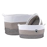 NORIRUN 3 Pack Rope Baskets (S/M/L) – Heavy-Duty Woven Cotton Organizer with Handles, Machine Washable, for Pet Toy Storage, Toys Nursery, Home Decor, White, Brown