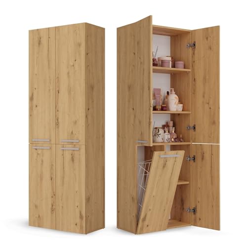 CDF Badezimmerschrank Bad Schrank Mit Wäschekorb Eiche Artisan Badschrank Mehrzweckschrank Badregal Stehend Hochschrank Schublade Tür Bodenschrank Allzweckschrank 1 Wäschekorb