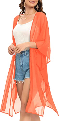 Image of Indian Trendy Women's Solid Puff Sleeve Kimono Long Cardigan Loose Cover Up Casual Blouse Top Chiffon