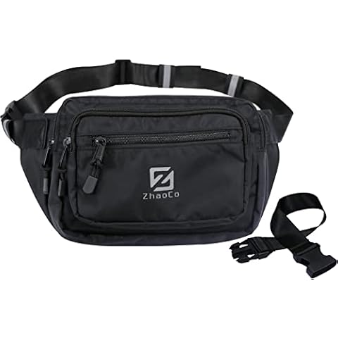 Bumbag Waist Fanny Pack for Men Women Water Resistant Waist Bag with 4 Zipped Pockets and Adjustable Buckle Strap for Dog Walking Running Hiking Travelling - Black Cover