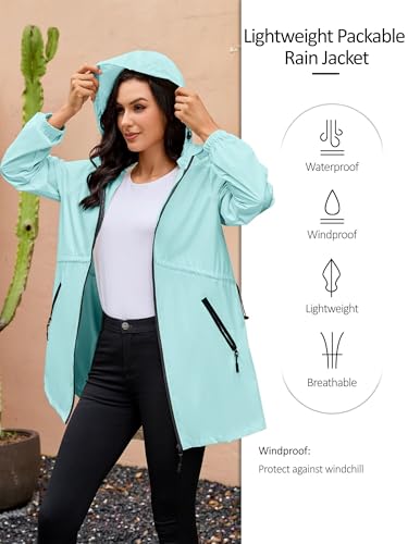 PITINAN Lightweight Rain Jacket Womens Hooded Packable Raincoat For Women Waterproof Light Rain Jacket Women With Roomy Pockets For Cruise Trip Light Blue XL