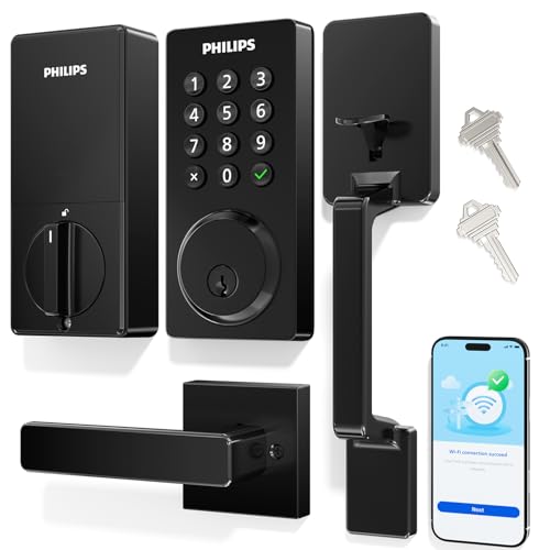 Philips Wi-Fi Smart Lock for Front Door, Keypad Door Lock with Handle, Built-in WiFi App Remote Control, Keypad Deadbolt Auto Lock for Front Door, Supports Alexa & Google, Matte Black