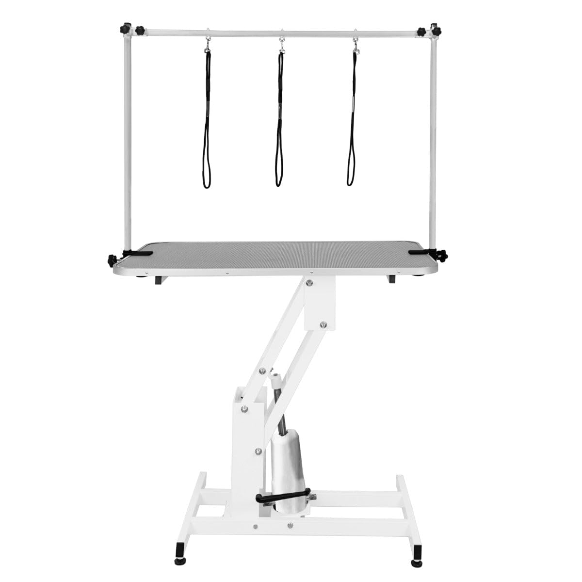 Tavolo Idraulico Toelettatura Cani - Altezza 55-101 cm, Capacità 180 kg, Bianco - Piano Grigio, Antiscivolo 106x61 cm, Acciaio Bianco, Piedini Livellanti, 3 Guinzagli