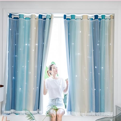 Image of Yancorp Curtains for Girls Bedroom Kids Curtain Hollow-Out Star Window Nursery Curtain 63 inches Length Room Darkening Grommet 2 Layers (Blue Beige, W34 X L42)