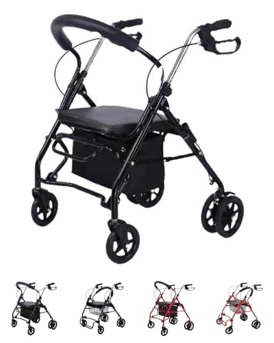 TAKEY高齢者用の椅子とカゴ付き車輪付き歩行器 高齢者用の車輪と椅子付きショッピングカート ブレーキ付き車椅子 組み立て簡単 外出サポートに (ブラック,ショッピングバッグ + ペダル 7インチホイール)