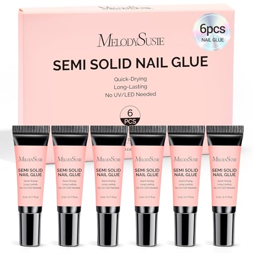 MelodySusie Semi Solid Nail Glue, Quick Drying No Need for UV Lamp Glue Gel Long Lasting for Fake Acrylic Press On Nails, 5ml*6pcs