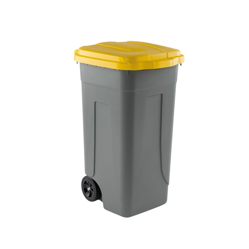 PALUPLUS Bidone Pattumiera con Ruote da 80 Litri, Misura, 45x50x78 cm, Coperchio Chiusura a Clip, Maniglia e Fermasacco a 4 Fissaggi, Secchio per Rifiuti Differenziati -80F-6,7 (Giallo)