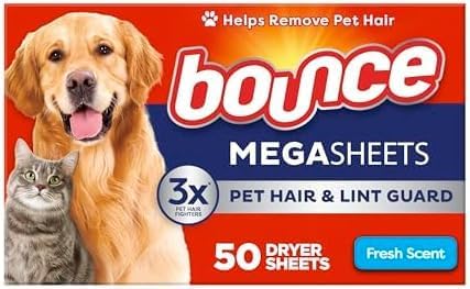 Bounce Pet Hair and Lint Guard Mega Dryer Sheets with 3X Pet Hair Fighters, Fresh Scent, 50 Count (Pack of 6)