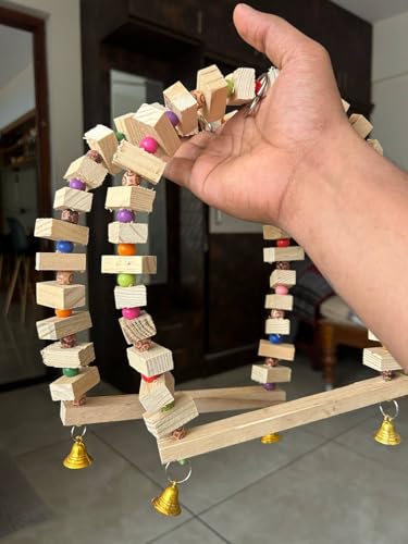 Image of Raindrops Wooden Swing with Colourful Beads for Bird Cages|Birds Stress Free Items|Cage Accessories|Wooden Ladder|Swing with Dotted Perch|Birds Chew Toy|Training aid Toy (Height 23.5cm-Pack of 2)