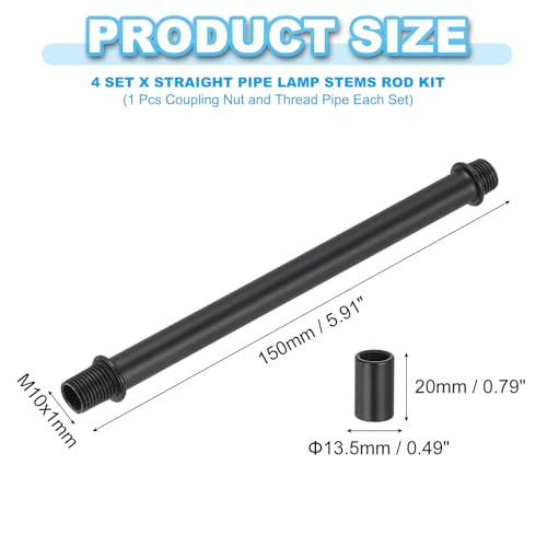 Image of PATIKIL Straight Pipe Lamp Stems Rod Kit, 4Set M10 Carbon Steel 150mm(5.91 inch) Long Double End Thread Rod with Coupling Nuts Sleeve Connector for Table Lamps Chandeliers, Black