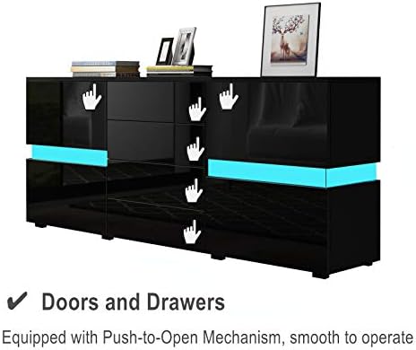 Sideboards for Living Room 2 Doors 4 Drawers Black High Gloss TV Cabinet Cupboard Unit for Bedroom Dining Room Storage Furniture 177 x 72 x 35cm