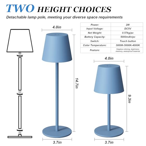 Image of Kakanuo Cordless Table Lamp Rechargeable Blue - KK 2 Pack 5000mAH Battery Operated Lamp for Dining Table, 3 Color Stepless Dimming Wireless Lamp for Counter, Outdoor Patio, Touch Control