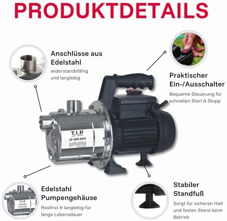 Bild 3 - T.I.P. Edelstahl Gartenpumpe GP 3000 INOX - Leistungsstarke 550 W Pumpe mit 2950 l/h Leistung und thermischer Überlastschutz - Robustes, korrosionsbeständiges Pumpengehäuse, 30111