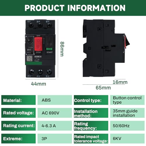 Motorschutzschalter 400V Motorleistungsschalter 690V 4-6.3A 3P Knopfsteuerungstyp Motorschutzschalter Bemessungsstoßspannung 6KV Schienenmontage (GV2ME10 Schwarz)