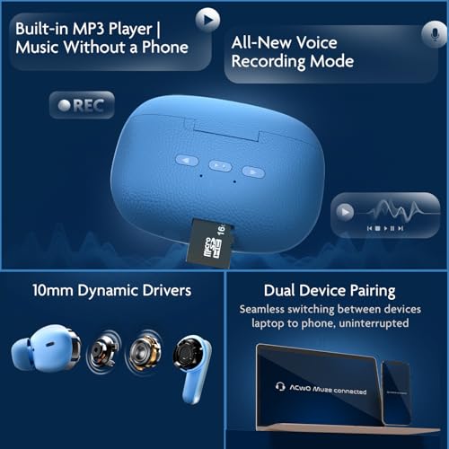 Image of ACwO DwOTS Muze, in-Built MP3 Player, TF Card Support, Recording Mode, Real-Time Audio Listening, HD Calling, Dual Device Connectivity, 10mm Dynamic Drivers, 4 EQ Modes, 45Hrs Playtime (Blue)