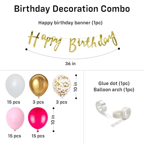 Image of Party Propz Happy Birthday Decoration Items for Girl - Set of 54 Pcs Pink Balloons for Decoration | Birthday Balloons For Decoration | Happy Birthday Balloon | Happy Birthday Banner (Cardstock)