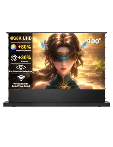 IN&VI 100 Matte White Floor Rising Projector Screen Motorized for UST Long/Standerd Throw Projector Movie Screen for Home Theater Motorized Projector Screen 4K/8K Ultra HD Active 3D