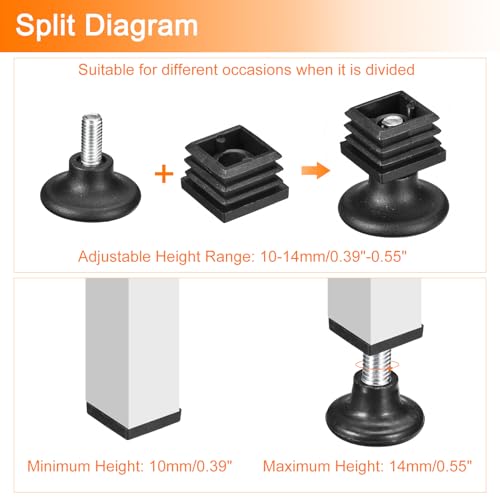 Image of uxcell 12Pcs Inserts for Square Tubes with Leveling Feet, for 0.98 inchx0.98 inch OD Square Tube, M8-1.25mm Thread Black Plastic Furniture Chair Blanking End Caps Insert Plugs