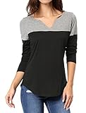 Allegra K Women's Henley Split V-Neck Tops Long Sleeve Color Block T-Shirt Large Black