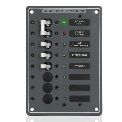 noblequest 30A 120V AC Main Circuit Breaker Panel 6-Position Metal Panel with Pre-Wiring and Red LED Reverse Polarity Indicator, 5-1/4 W x 7-1/2 H for Marine RV Yacht