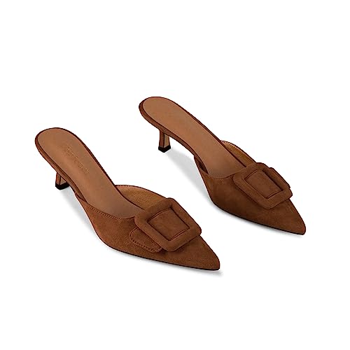 Image of Fericzot Mule Slippers for Women,Slingback Buckle Pumps Pointed Toe Kitten Heels Shoes Slides Backless Dress Sandals