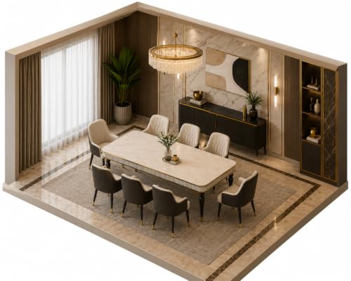 Image of 8 Seater Dining Table Set with Nano Composite Marble Top, Solid Wood Base & 8 Upholstered Chairs, Modern Dining Table Set for Home & Dining Room Furniture