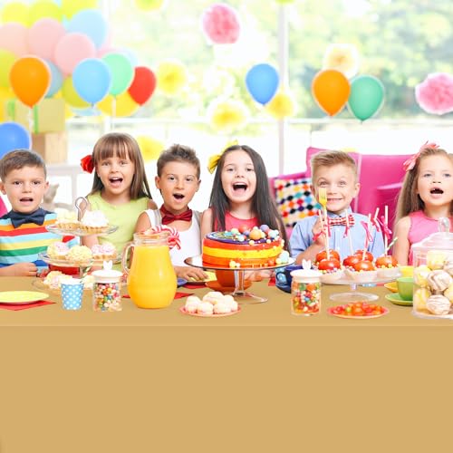 Image of 16 Pack Gold Plastic Tablecloth for Rectangle Tables, Premium Decorative Gold Disposable Table Cloths for Parties, Bulk Rectangle Party Table Cover for Birthday, Wedding, Anniversary, 54 x 108 Inch
