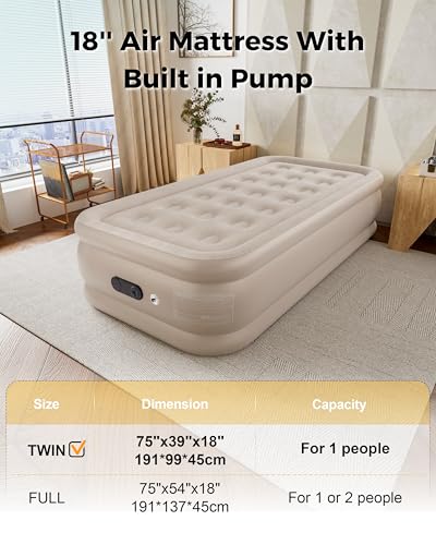 Image of Twin Air Mattress with Built in Pump, Single Blow up Air Bed with Portable Storage Bag, Suitable for Home and Guests, Top Flocking, 18 inch Twin Khaki