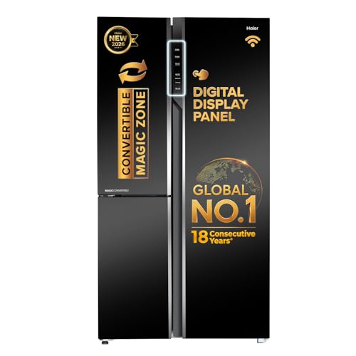 Image of Haier 598 L 3 Star Frost Free Expert Inverter Smart Sense AI enabled 3-Door Side by Side Refrigerator (HRT-683KGU1, Black Glass, Magic Convertible Zone, Deo Fresh Technology, 2026 Model)