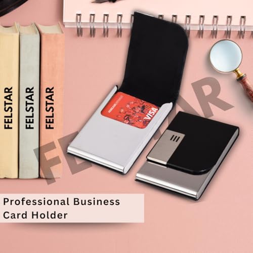 Image of FELSTAR Customized /Personalized Card Holder with Name Engraved, Leather Professional Business Visiting Card Holder /Credit Card Holders Men, Women Day Gift, Corporate Gift for Employees Black