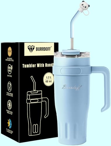 Image of Insulated Tumbler with Straw Lid and Handle (1200 ML) Double Wall Sipper Water Bottle for Adults, Tumbler Bottle with Straw (Arctic Blue, 1200 ML, with Panda Straw Coverr)