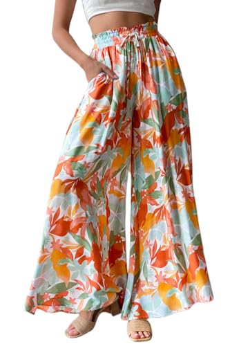 ROFUSSO Pantalons à Jambes Larges pour Femmes Pantalon Palazzo Léger Décontracté Pantalon Décontracté Pantalon D'été Élastique à Taille Haute Pantalon Elégant...