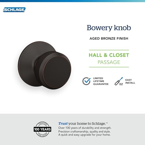 Image of Schlage F10 BWE 716 Bowery Door Knob, Hall & Closet Passage Lock, Aged Bronze