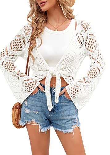 Womens Summer Boho Tops Sheer Crochet Coverup Beach Bathing Swimsuit Cover Ups Shrugs Crop Swimwear Outfits