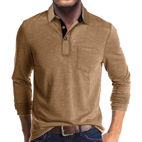 Polo de Manga Larga para Hombre, Estilo Casual, con Botones, de algodón, con Cuello y Bolsillo, para el Trabajo, Caqui, XX Large