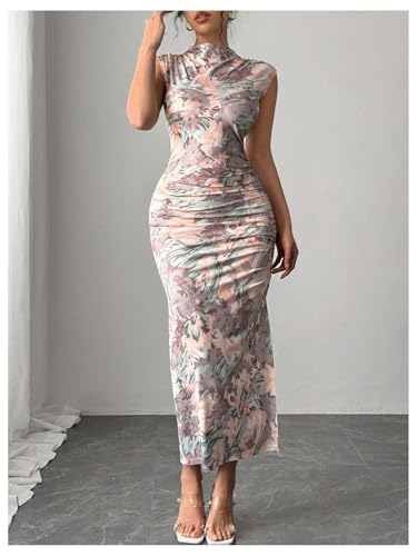 Image of BEAUDRM Women's Floral Print Midi Bodycon Dresses Split Thigh Ruched Mock Neck Fitted Tank Dress