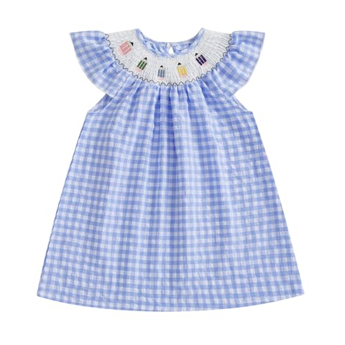 Kids Toddler Girl Back to School Outfit Pencil Plaid Fly Sleeve Smocked Dress First Day of School Clothes Summer