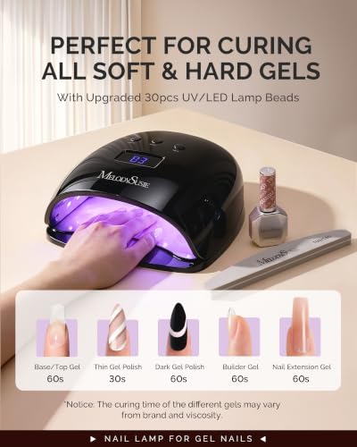 Image of MelodySusie Detachable Base UV /LED Nail Lamp P-Plus30I for Hard Gel | 54W, 3 Timer Settings, Smart Sensor, LCD Display, 30 UV /LED Beads, Rhinestone Glue, Solid Nail Glue Gel, Liner Gel, Black
