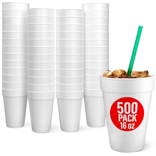 Shop Square 16 oz Styrofoam Cups (Case of 500) Bulk Disposable White Foam Cups for Hot & Cold Beverages Coffee Tea Soda Juice - Made in USA