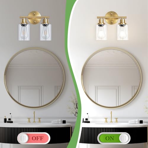 Image of 2-Light E26 Bathroom Light Fixtures, Modern Brushed Gold Vanity Lights for Bathroom with Clear Glass Shade, Mirror Kitchen Hallway Cabinet Living Room Sconces Wall Lights