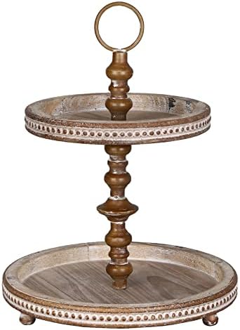 FESTWIND Two Tiered Tray Beaded- Decorative Beaded Kitchen Island Decor - Small Wooden Tiered Tray Stand for Holidays - Lovely Farmhouse Gift Rustic Brown
