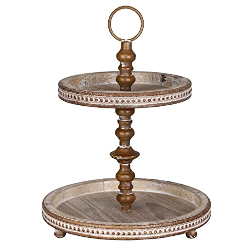Festwind Two Tiered Tray Beaded- Decorative Beaded Kitchen Island Decor - Small Wooden Tiered Tray Stand For Holidays - Lovely Farmhouse Gift Rustic Brown #TOP1