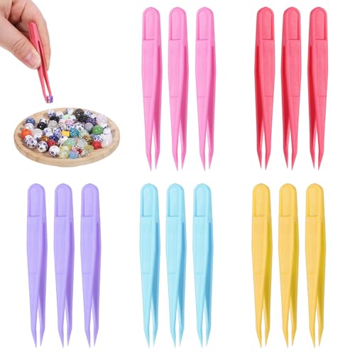 Exclaith 15PCS Plastic Tweezers for Crafts Multipurpose Tip Tweezer Multi-Colors Plastic Fuse Beads Forceps for Handmade DIY Crafts Stickers Tweezer Beading Projects Jewelry Making Tools