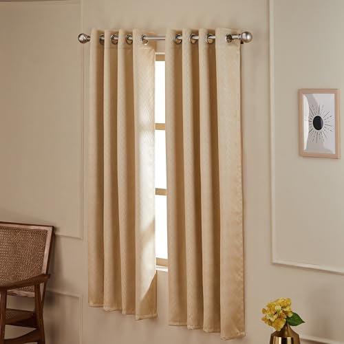 Image of Amazon Basics - Room Darkening Blackout Door Curtains, 100% Room Darkening | 5 Feet |Set of 2| Embossed | Self Deisgn |for Living Room and Bedroom | 115cmx 150cm, Color- Cream